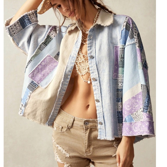 Tops - Boho Colorful patchwork Frayed Detail Oversized Top
